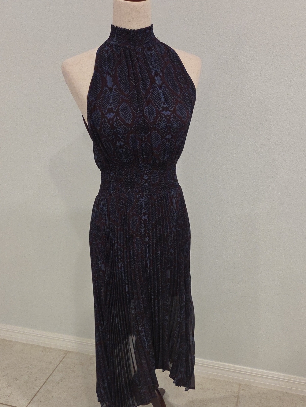 Olivaceous Small Snake Print Pleated Midi Dress Smocked High Neck